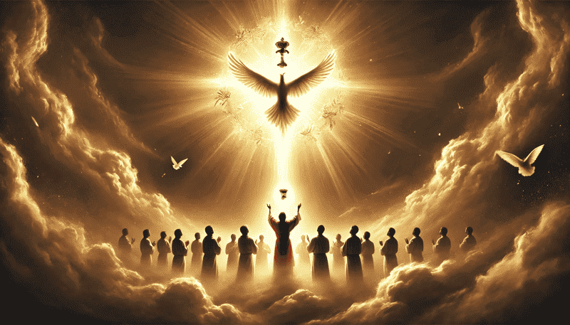 DALL·E 2024-09-20 20.38.21 - Uma imagem simbólica representando o derramamento do Espírito Santo. Uma pomba branca desce do céu em meio a uma luz brilhante e radiante, com feixes (2) (1) (1) (1) (1)